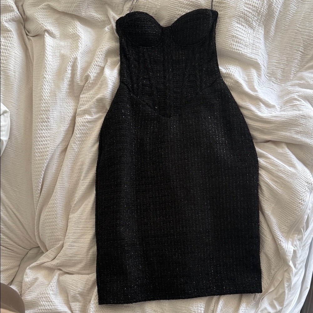 Elegant Heiress Beverly Hills Black Tweed Strapless Corset A-Line Midi Dress